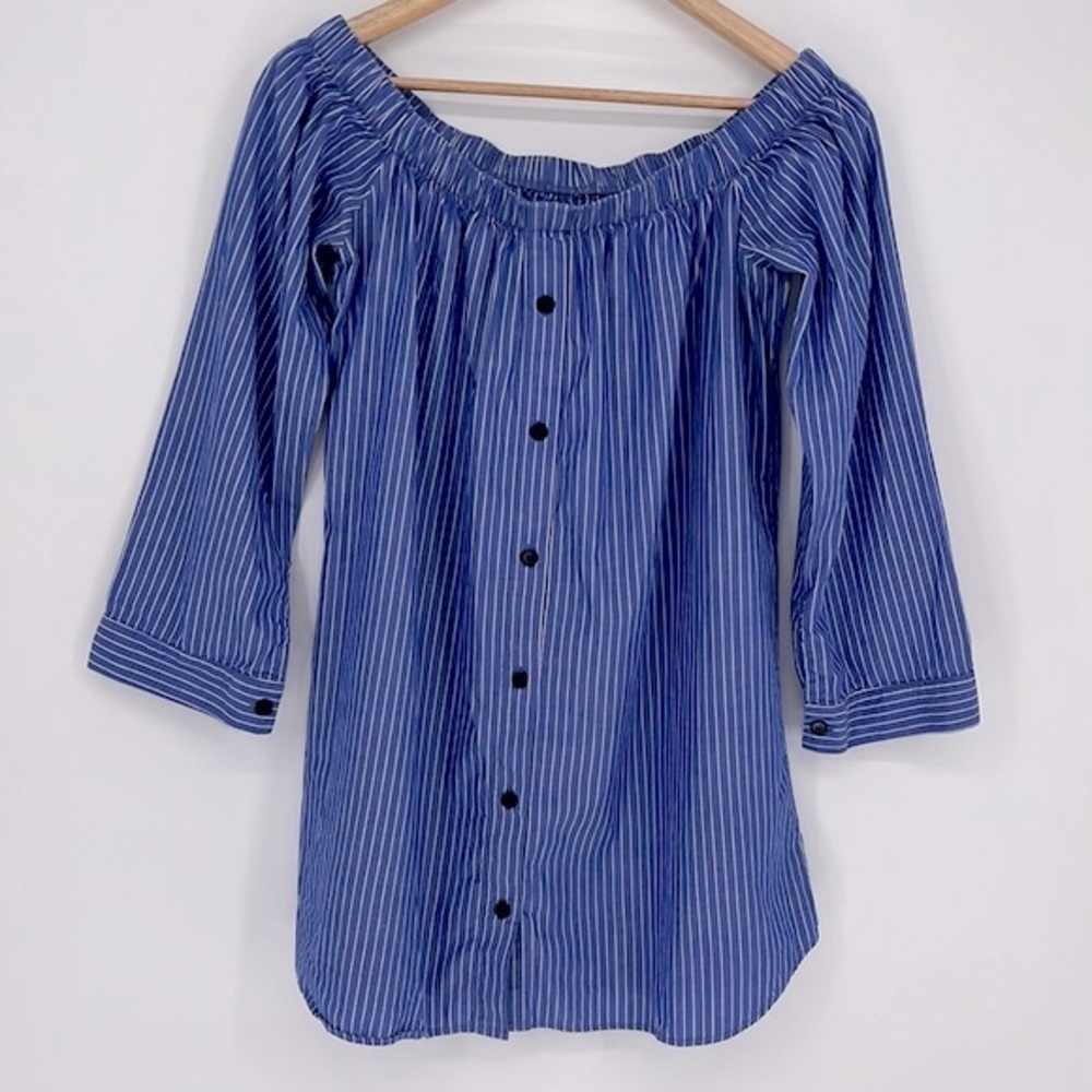 Reformation Banker Tunic Dress Blue White Striped Button Front Size Small